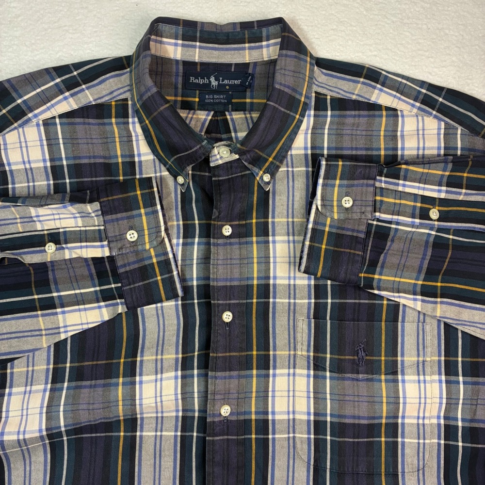 Vintage Polo Ralph Lauren Big Shirt Men 2XL Blue‎ Tartan Plaid Oxford Button 90s